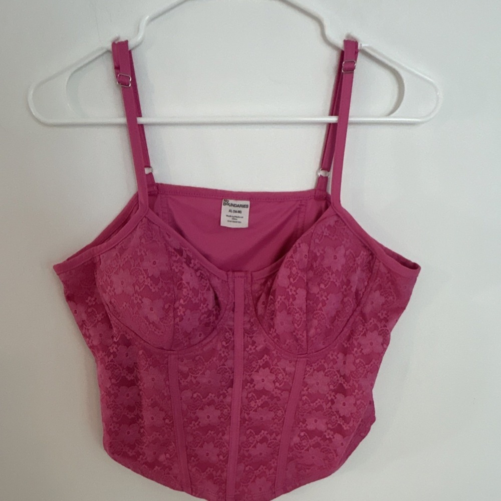 No Boundaries Pink Lace Corset Top XL (16-18) Sleeveless Boned Floral Semi-Sheer